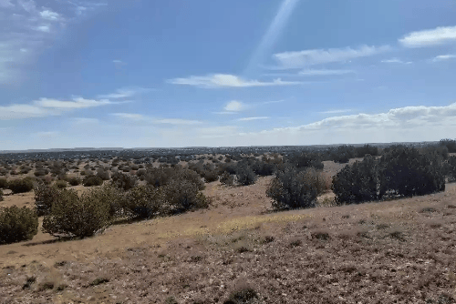 Aerial view of Navajo County, Arizona, Chevelon Canyon Ranch Lot D73 with surrounding desert landscape and distant mountains.