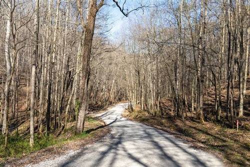 Aerial view of Kentucky Woodland Heights Lot 13, 6.25-acre wooded creek property in Wayne County, showcasing lush forest and creek.