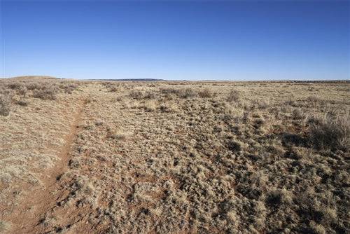 Aerial view of Torrance County New Mexico Estancia Ranchettes Lot 21, a 0.83-acre property with open land and clear skies.