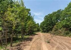 Aerial view of Timber Ridge Lot 3 in McIntosh County, Oklahoma, showing wooded 2.57-acre land with natural landscape.