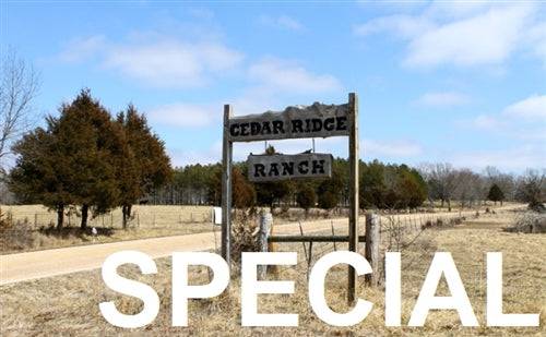 A scenic view of Cedar Ridge Ranch in Phelps County, Missouri, featuring lush landscapes and open land on a sunny day.