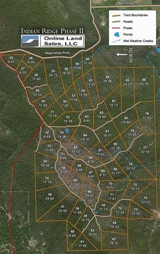 Aerial view of Indian Ridge II in Pittsburg County, Oklahoma, showing 10-20 acre available lots with natural landscape and wooded areas.