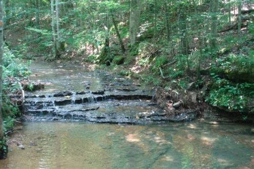 Scenic view of Sugartree Falls creek and waterfalls in Wayne County, Tennessee, on OnlineLandSales property listing.