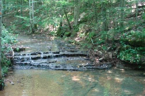 Aerial view of Sugartree Falls property in Wayne County, Tennessee, showcasing the 20.63-acre land parcel with lush landscape.