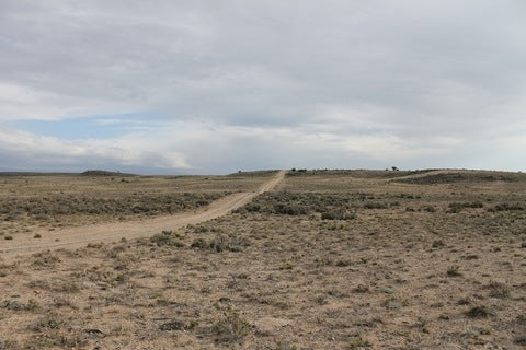 Aerial view of Colorado Rio Grande Ranchos, 5-acre ranch land in Costilla County with open grassy terrain and mountain background.